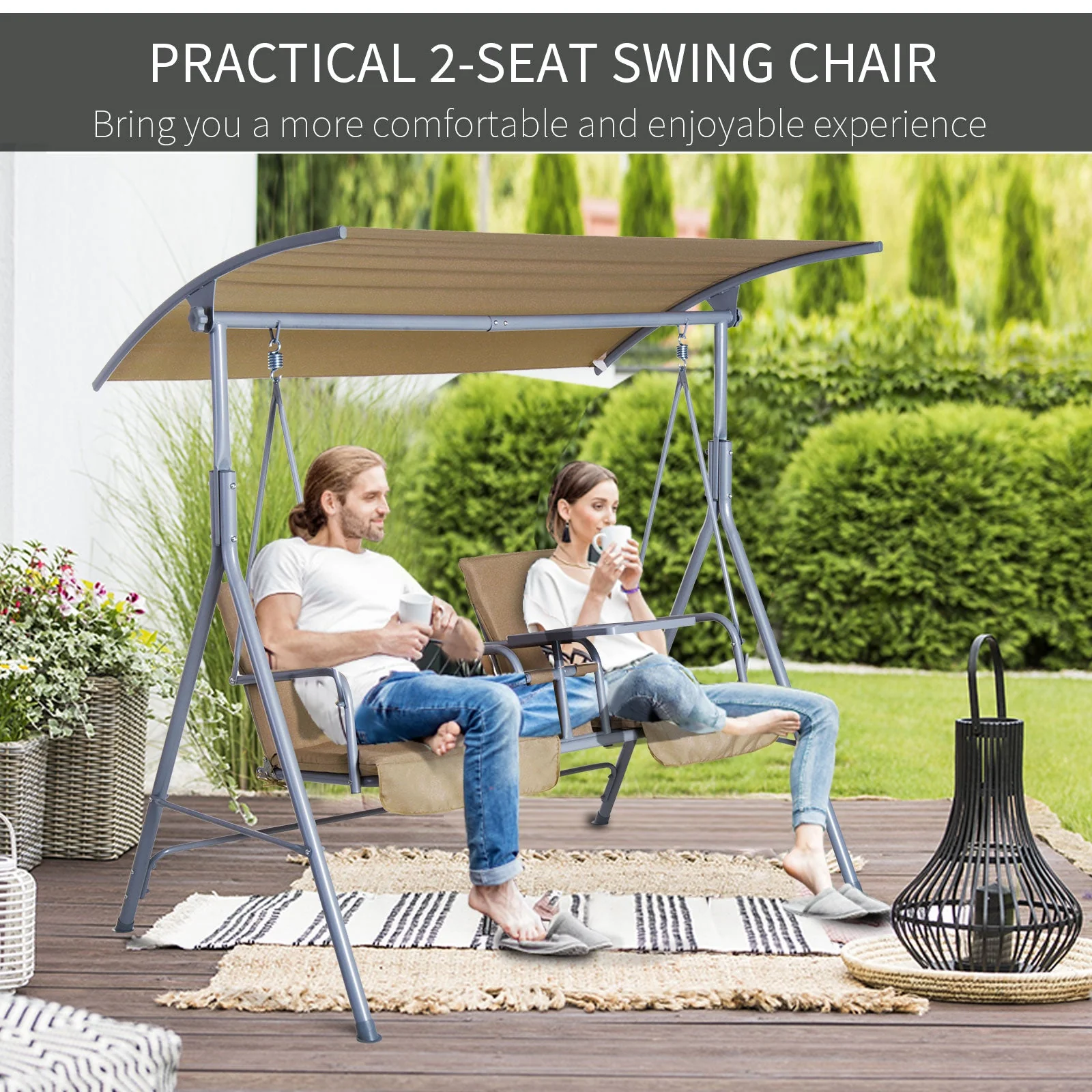 Outsunny 2 Seater Garden Swing Chair Patio Rocking Bench W/ Tilting Canopy - Image 7