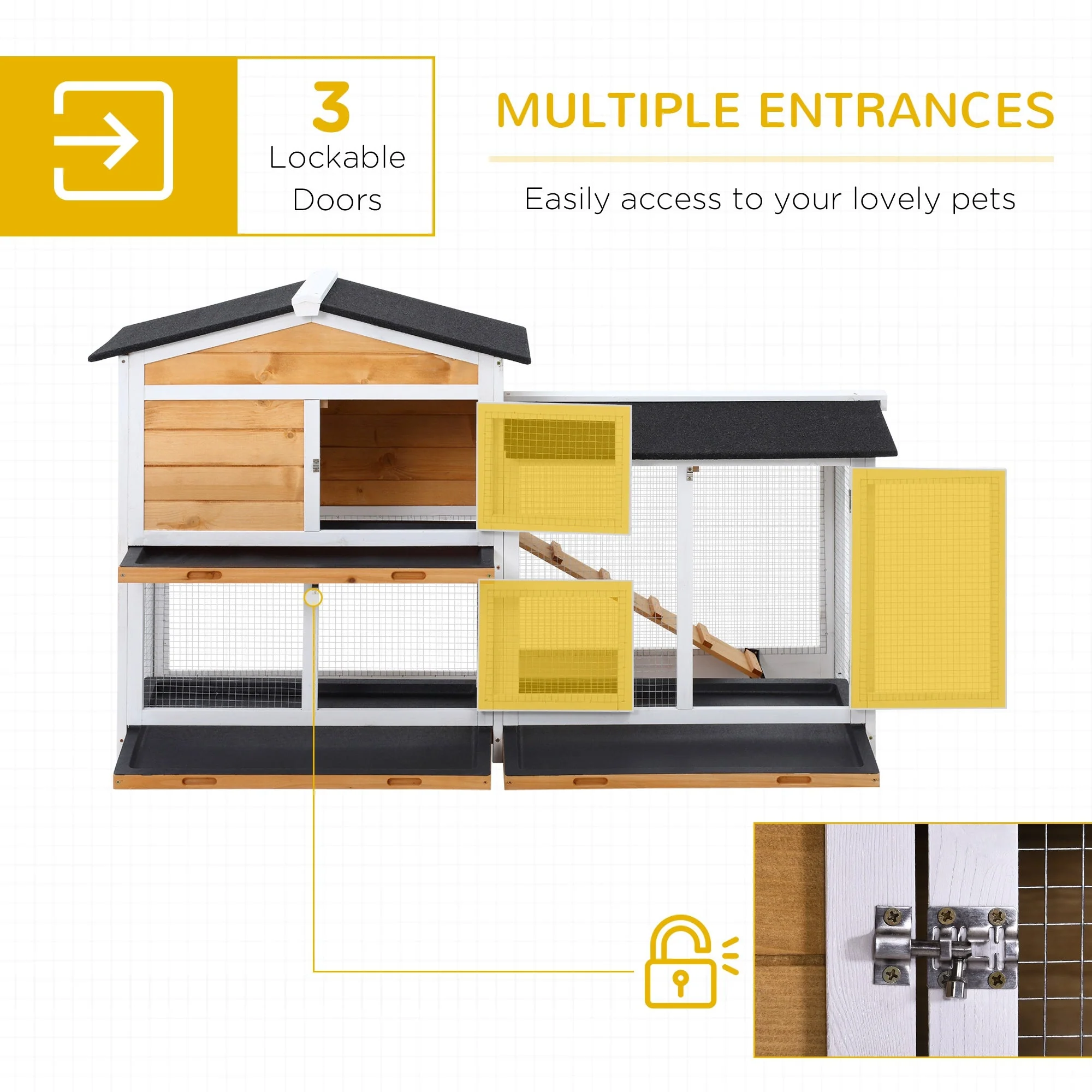 PawHut 2-Tier Wooden Rabbit Hutch Guinea Pig House Pet Cage Outdoor w/ Tray Ramp Yellow - Image 5
