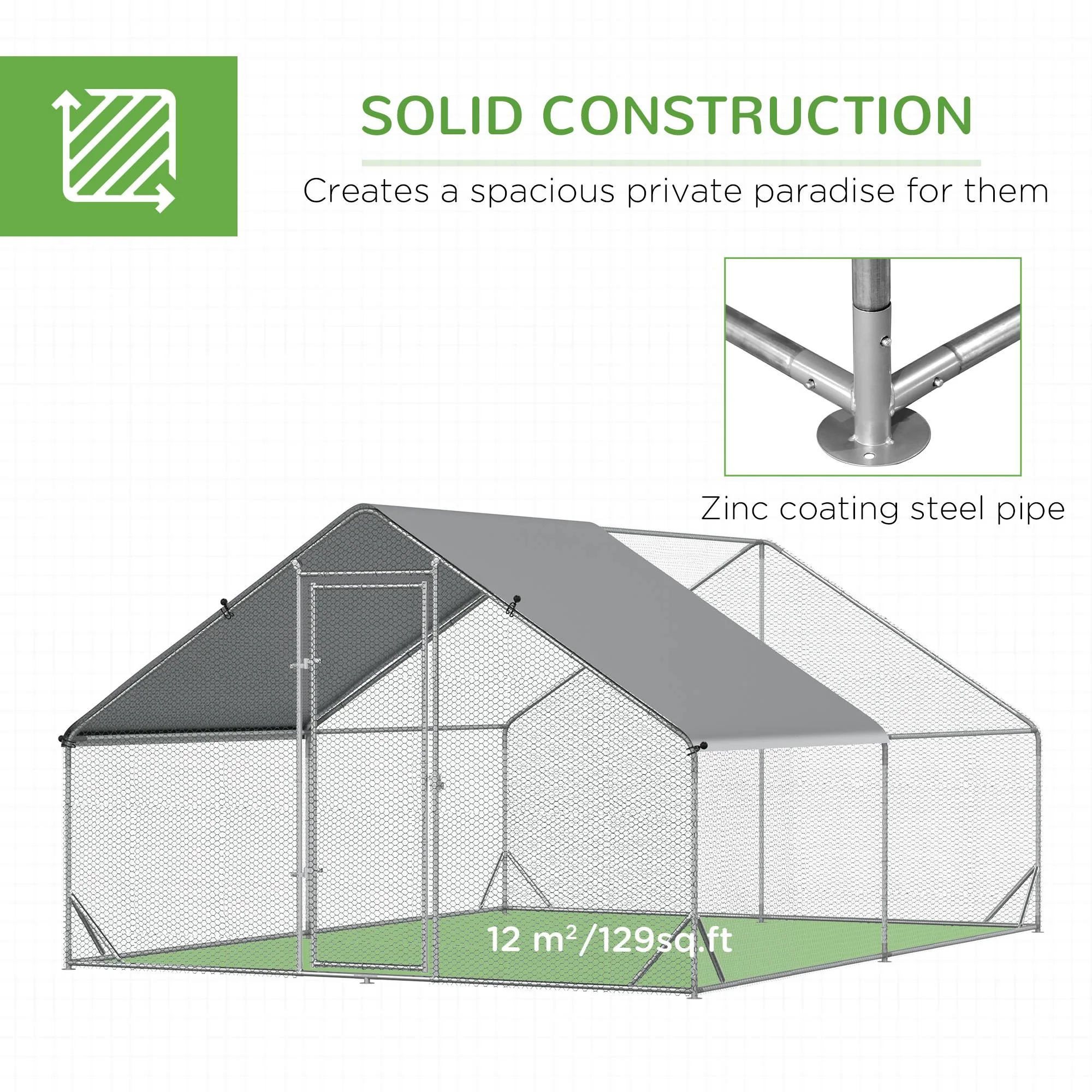 PawHut Walk In Chicken Run Galvanized Chicken Coop Hen Poultry House Cage Rabbit Hutch Pet Playpen Backyard With Water-Resist Cover - Image 3